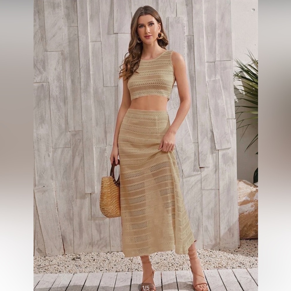Tan Midi Skirt and Crop Tank 2 Piece Set